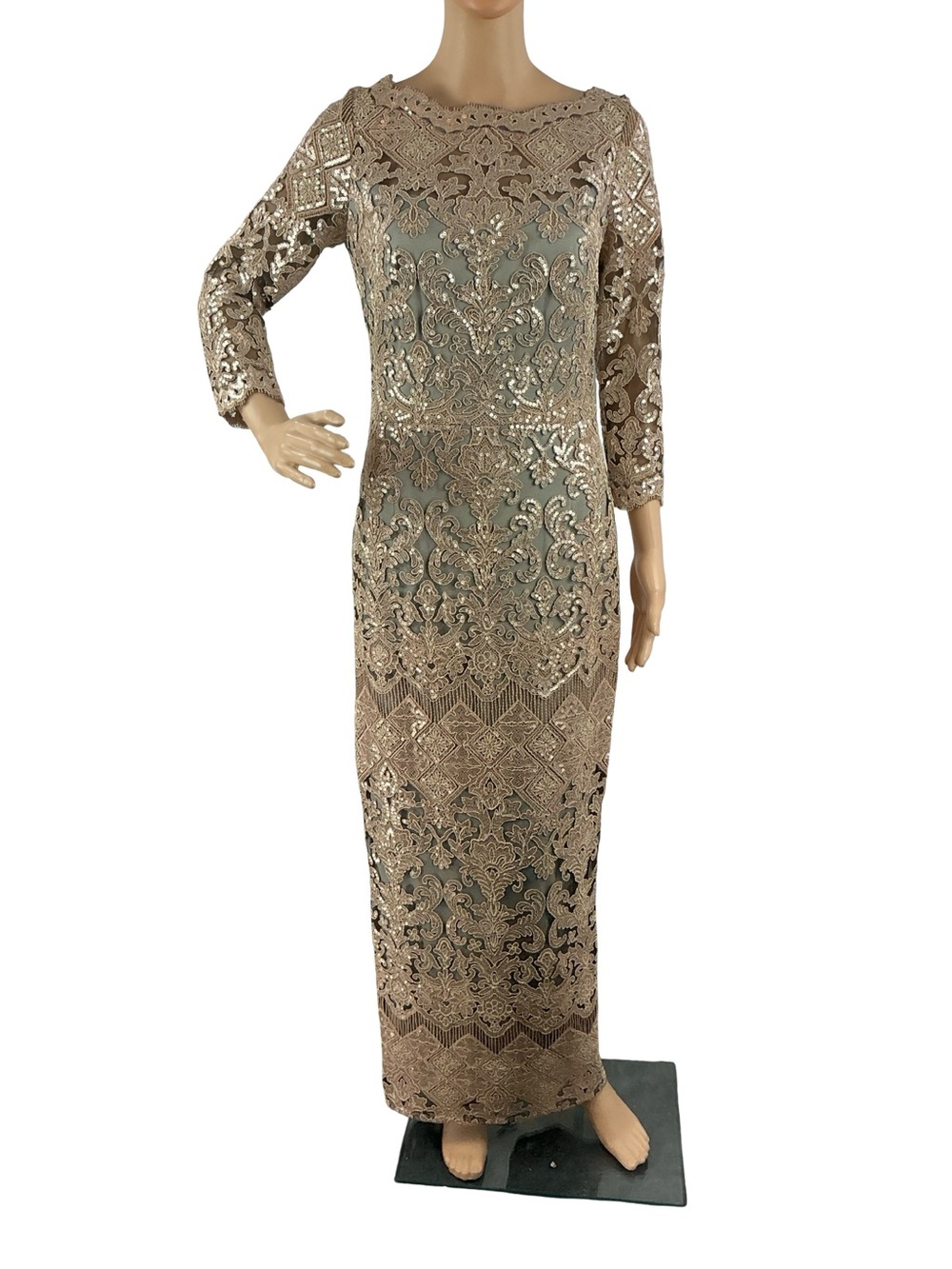 Tadashi Shoji Waverly Sequin Embroidered Gown Size 6 Ginseng Gray